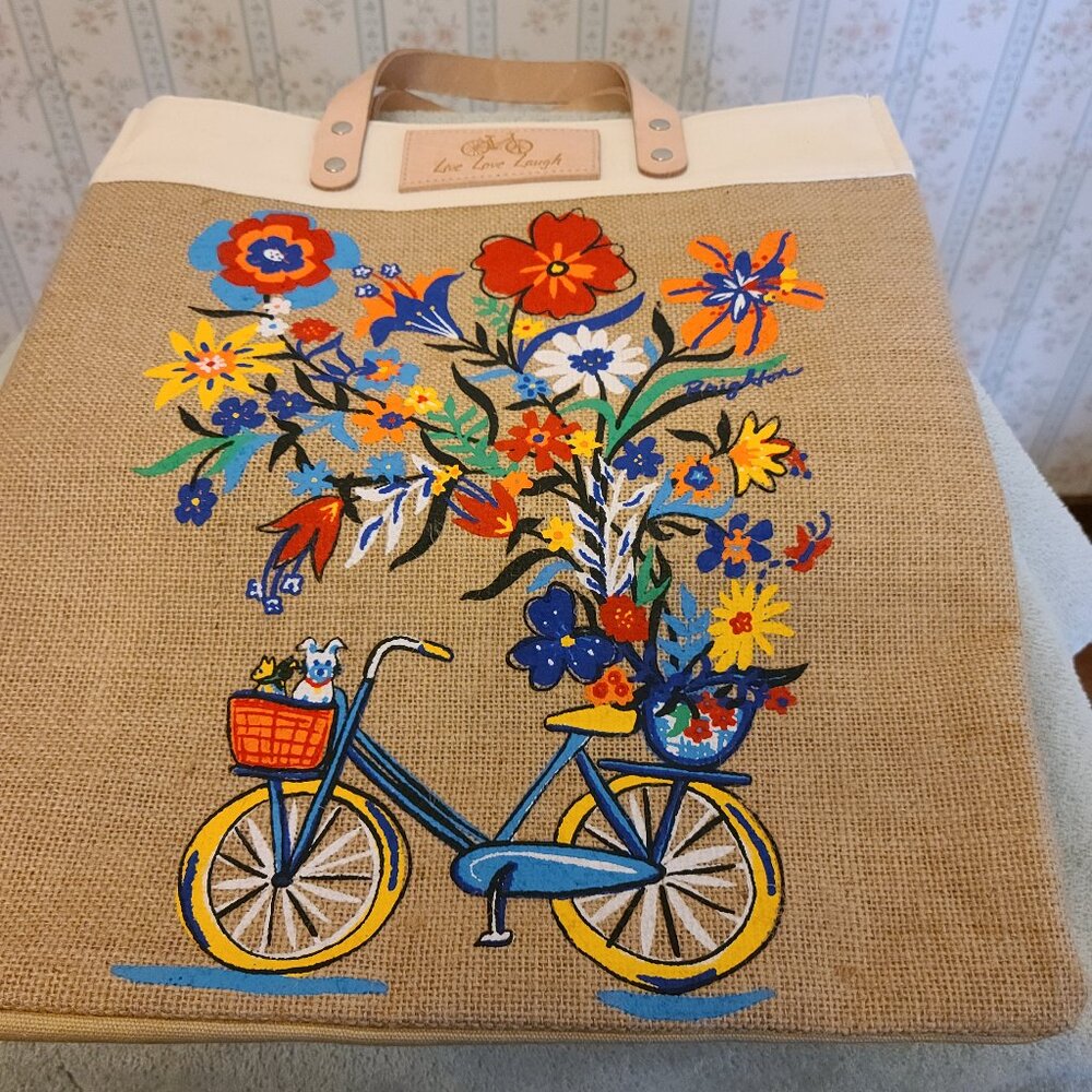 BRIGHTON ECO-FRIENDLY LARGE JUTE TOTE ''LIVE, LOVE, LAUGH'' BICYCLE PRINT